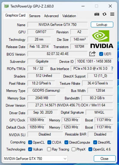 Gigabyte nVidia GeForce GTX750 2GB DDR5, Low Profie Graphics Card - Image 3 of 4