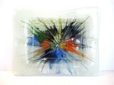 Heavy Fused Glass Ashtray Splatter Design Rectangle Orange Blue Yellow Green