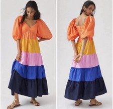 Anthropologie Farm Rio Tiered Maxi Dress Sz Small Puff Sleeves Festival Peasant