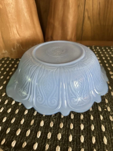 VTG McKee Blue Delphite Milk Glass Serving Bowl Scalloped Edges Patterned 1940s