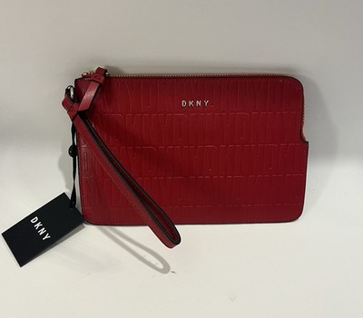 NWT DKNY Wristlet Wallet Medium Pouch Red Embossed Logo Pattern Faux Leather
