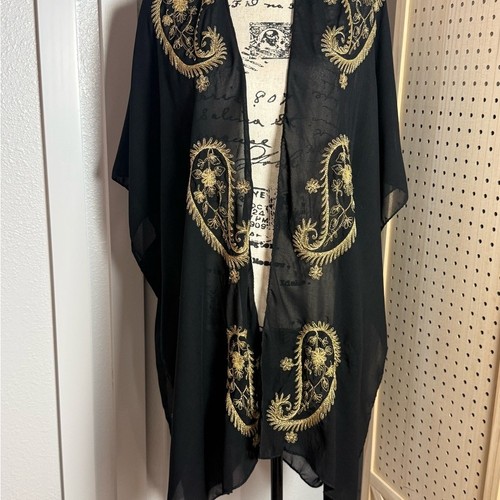 Black Sheer Kimono Gold Embroidery Boho Duster Open Front Festival Cover Up - Picture 2 of 6