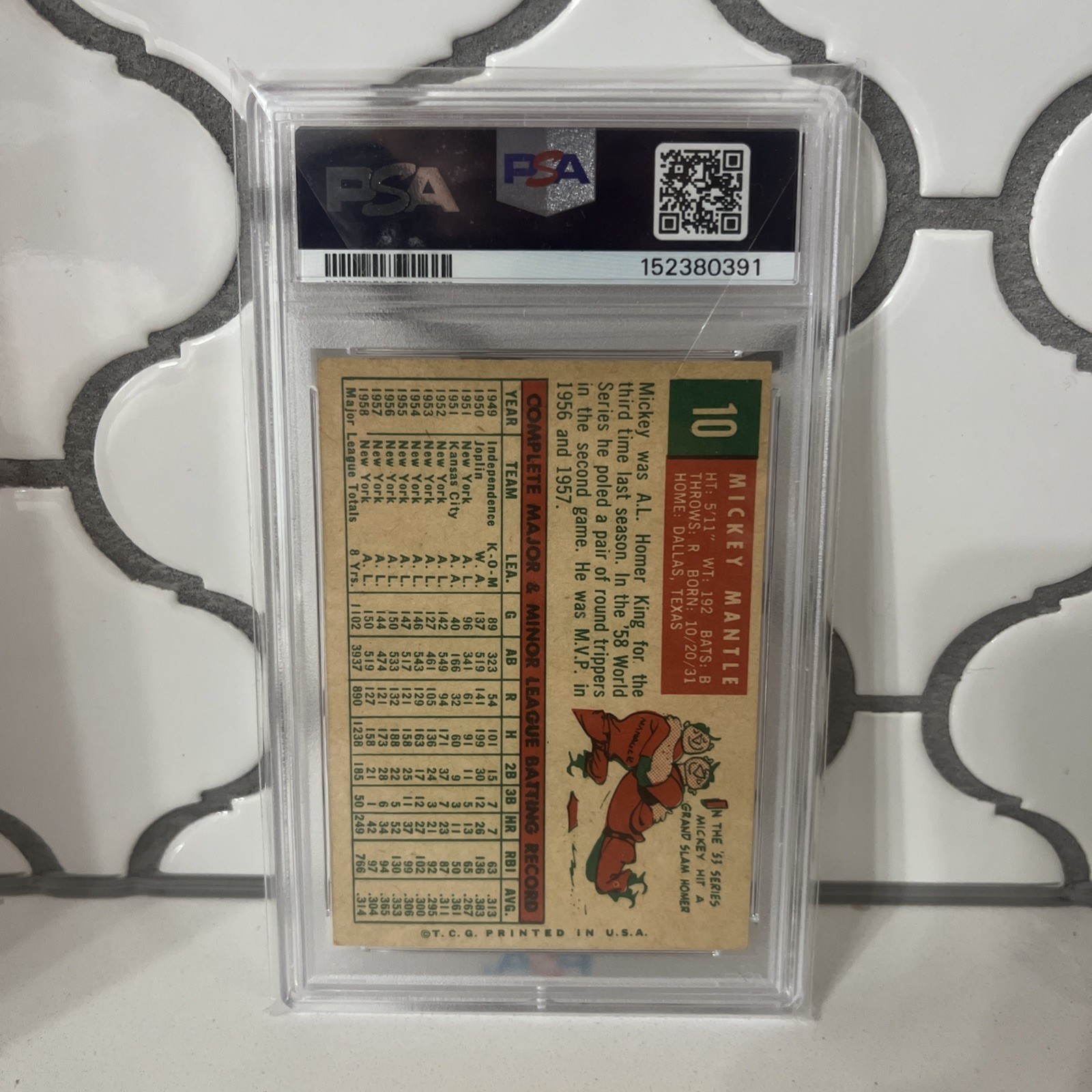 1959 Topps - Mickey Mantle #10 PSA 3 LOOKS BETTER SHARP AND CENTERED view 2