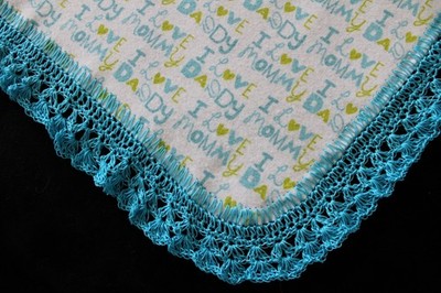 Receiving Blanket Hand Crocheted Edge New Baby Shower Gift Boy's LOVE MOM & DAD!