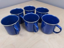 Blue Enamelware Coffee Mug, White Speckled Metal Camping, Silver Rim, Lot Of 6