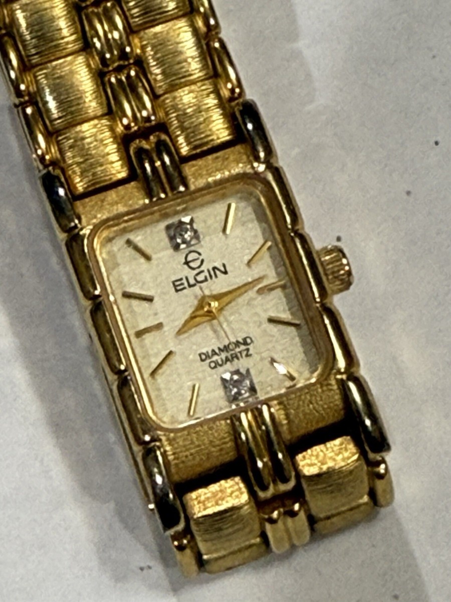 Elgin Diamond Ladies Watch Gold Tone Rectangle EM846 Tank Style