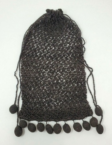 Vintage Handbag Black Crocheted Unlined Oval Fringe Drawstring - Picture 11 of 11