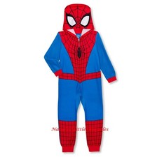 Spiderman Pajamas Size 8-12 Boys One Piece Union Suit Hoodie Costume Marvel NWT