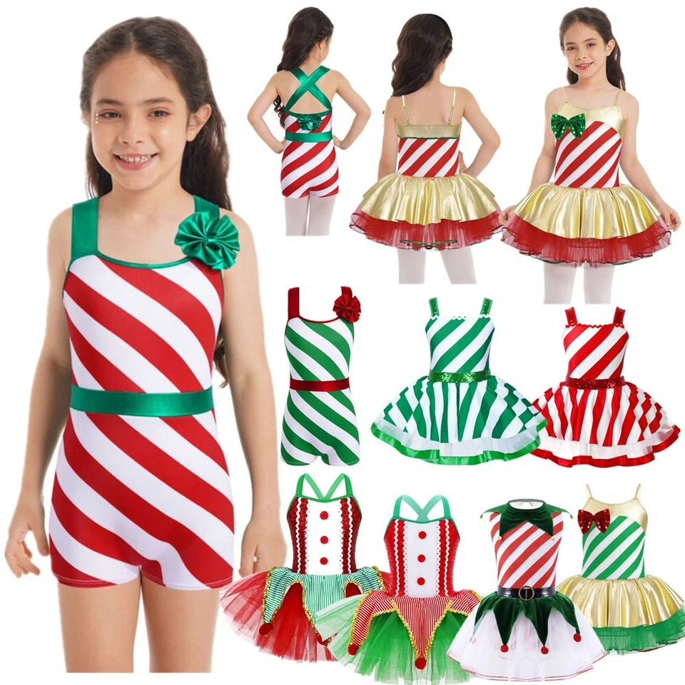 Niñas Disfraz de Navidad Figura a Rayas Patinaje sobre Hielo Ballet Tutú Vestido de Baile Foto 3 de 3