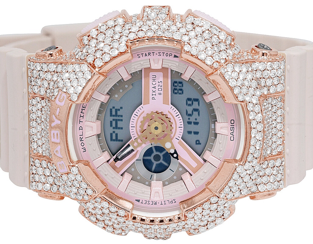 Casio Baby G Pikachu 43MM BA-110 Rose Gold Diamond Watch 6 1/2 CT