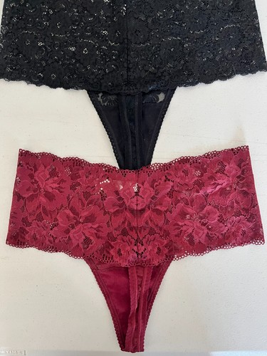 NWOT Soma Embraceable Allover Lace Retro Thong Set Raspberry/Black Sz Large - Picture 2 of 5