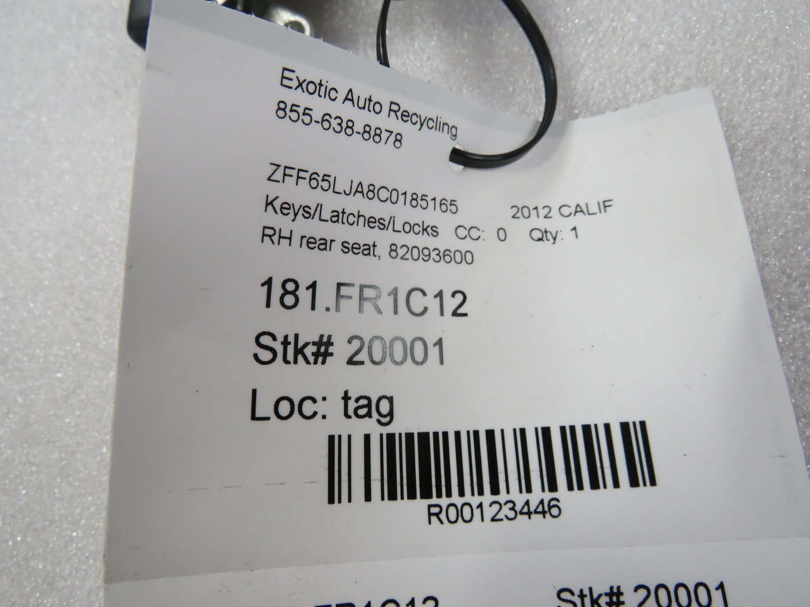Ferrari California, RH, Right, Rear Seat Latch, Used, P/N 82093600