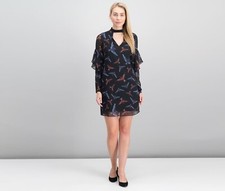 Sam Edelman Black Ruffle Bird  Print Choker Chiffon Shift Dress Size 10 Boho