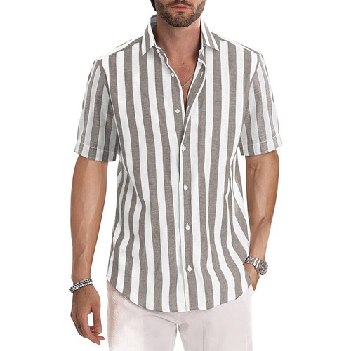 Mens Summer Shirts Short Sleeve Holiday Tops Striped Casual Button Down T-Shirt - Picture 18 of 32