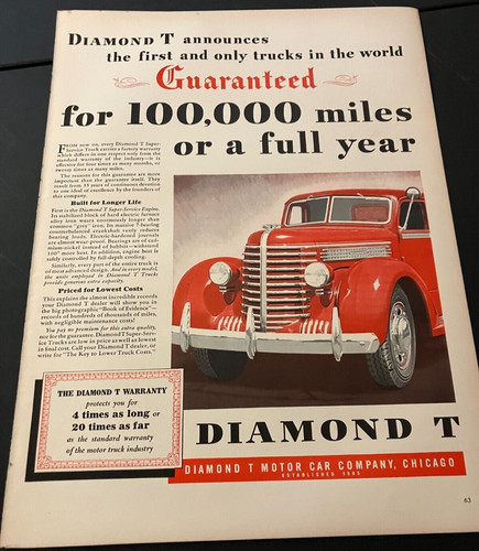 Red 1939 Diamond T Trucks 100,000 Mile Guarantee - Vintage Print Ad / Wall Art