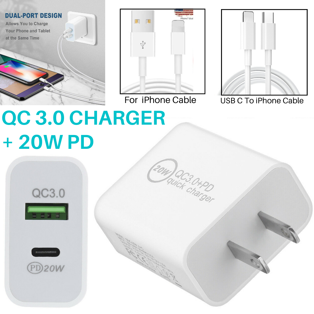 Chargeur Rapide 20W USB-C + Câble 1m Pour IPhone (6 à 14) - Blanc
