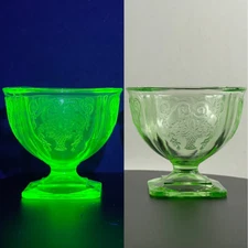 Set Of 2 Green Uranium Glassware Lorain Basket Pattern Sherbet Dish Footed  