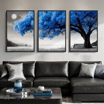 Framed Blue Black and White Tree Wall Art for Living Room, 3 Piece Blue Tree ...