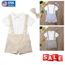 Infant Baby Boys Gentleman Outfit Shirt Romper Suspender Shorts Bowtie 3PCS Set
