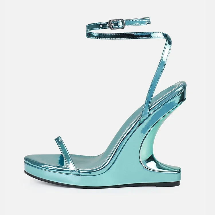 Blue Metallic Open Toe Sandals Ankle Strap Wedge Heels with Platform FSJ20221001