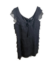 Tahari Arthur S. Levine Black Silk Chiffon Ruffle Sheath V-Neck Dress 10