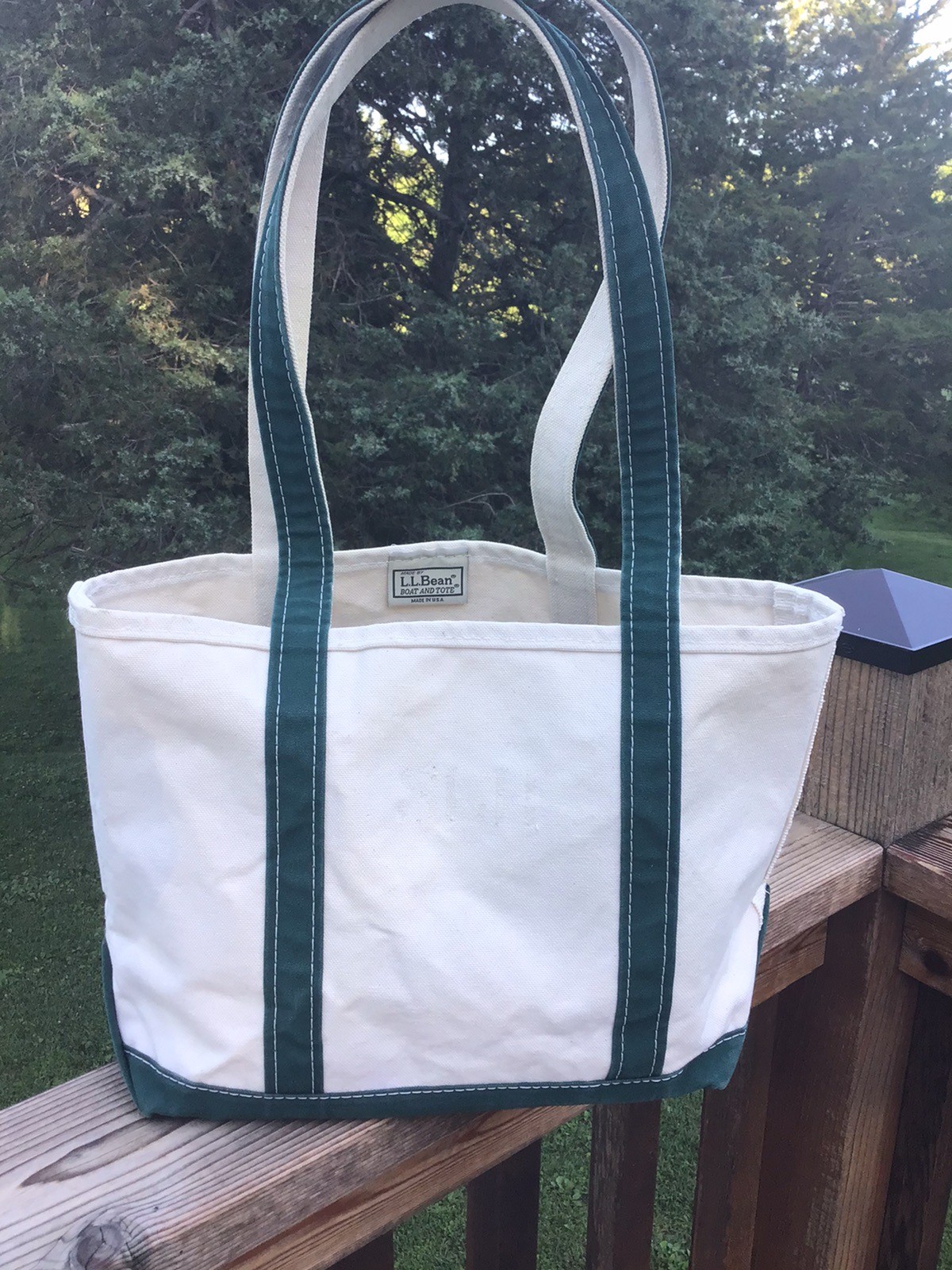 Vintage LL Bean Boat and Tote White Bag w/Green Trim Canvas Medium 16