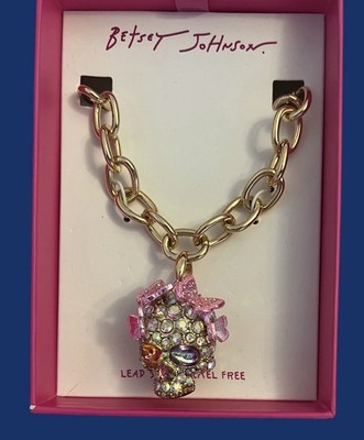 Betsey Johnson Necklace Sugar Skull & Pink Butterfly Crystal Gold Tone Pendant