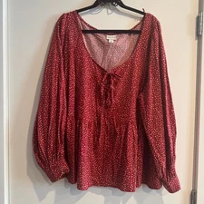 Ava & Viv Confetti Peplum Top Red White Scoop Neck Front Tie Long Sleeve  Sz 2X