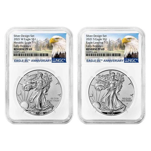 2pc Set - 2021 $1 1-oz Reverse Proof American Silver Eagle Designer NGC PF69 ER