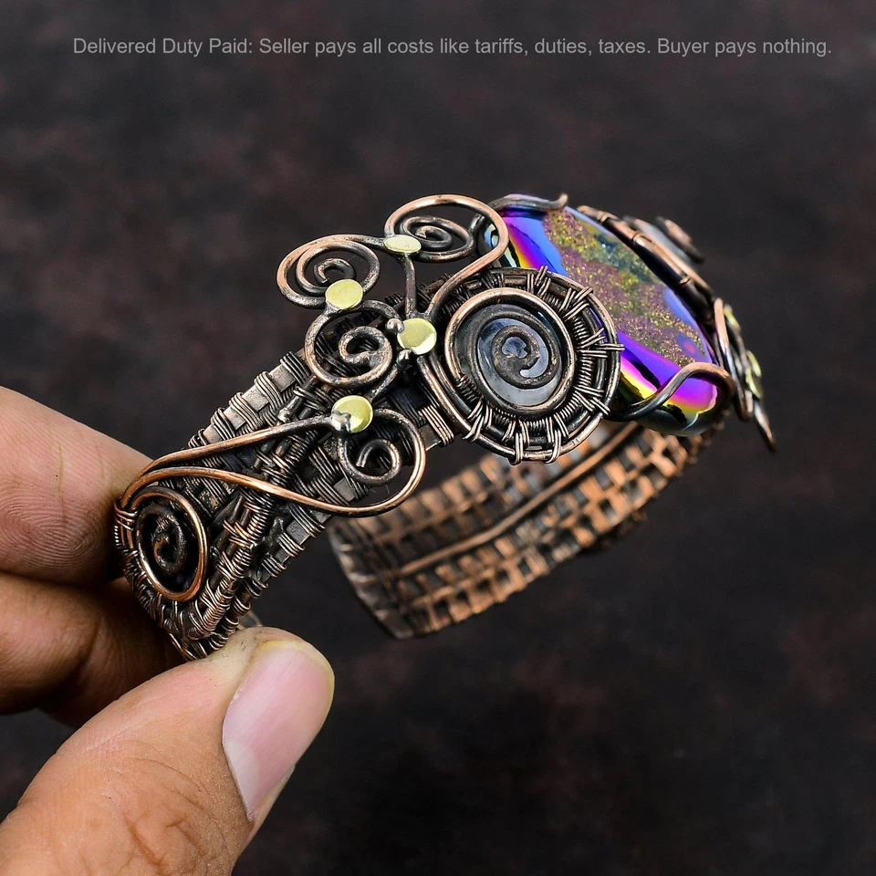 Joyería brazalete envuelto alambre de cobre piedra lunar arco iris piedras preciosas druzy de titanio ovalado Foto 4 de 4