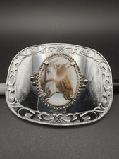 Silver Tone Western Cowboy Belt Buckle With 3D Painted Horses Heads Cameo