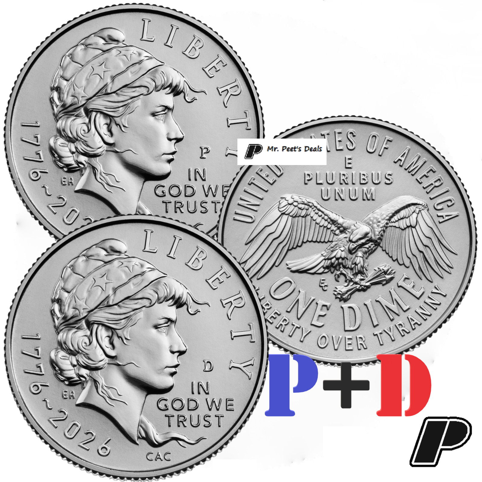 (2 COINS) 1776-2026 P&D SemiQ Emerging Liberty Dimes from OBW FED Rolls PRESALE