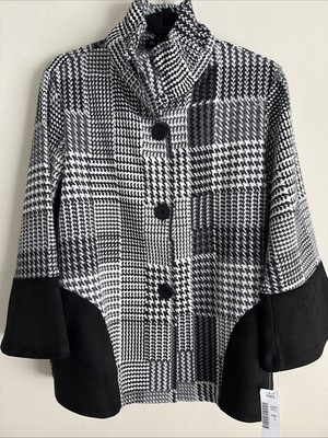 DAMEE Jacket Women s large Black Gray Cream Plaid Swing Bell sleeve NWT
