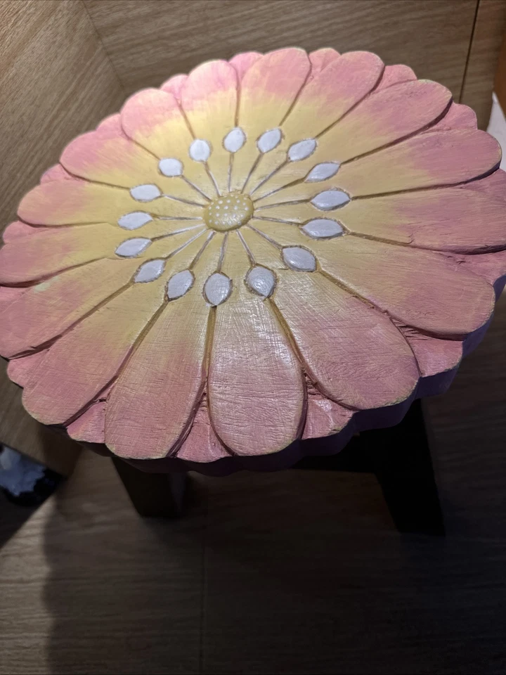 Thailand Pink Flower small Vanity Step stool Footstool Wood Wooden Garden Carved - Image 4 of 4