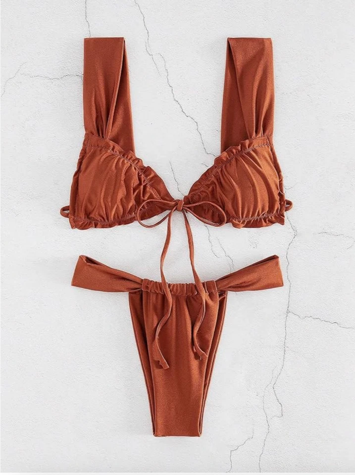 Conjunto de bikini traje de baño de 2 piezas para mujer - ribete con volantes, corbata frontal, corte alto, correa ancha Foto 4 de 4