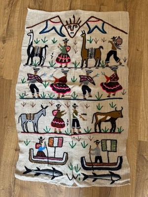 Vintage Peruvian Embroidered Wool Tapestry Wedding Celebration 39x24 