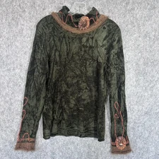 Spanner Sweater Womens Medium Green Mock Neck Applique Sequins Fuzzy Trim Boho