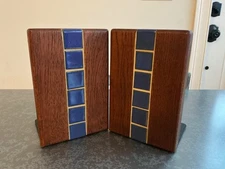 Pair MCM Martz Bookends Marshall Studios Walnut Cobalt Blue Tile