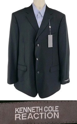 Kenneth Cole Reaction 100% Wool Sport Coat Blazer Black Solid Men s 46L NEW