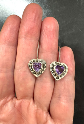 Vintage Sterling Silver Amethyst Heart Dangle Earrings 925 SJ Romantic
