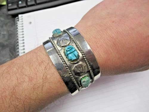 Vintage Made in Egypt Egyptian Faience 3 Scarab Costume Jewelry Cuff Bracelet