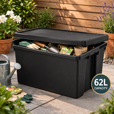 2 x 62 l schwarze robuste Kunststoff Aufbewahrungsboxen mit Deckel Recycling Behälter UK