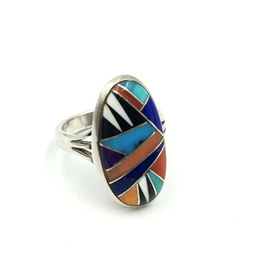 Vintage GL Native American Sterling Silver 925 Multi Gemstone Inlay Ring Sz 7