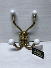 Brass And Porcelain 4 Hook Hanger Knobs Wall Mount Coat Hat Vtg Taiwan
