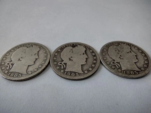 Lot of 3 Barber Quarters 1905 P O S Mint Marks 90% Silver Low Mintage See Pics