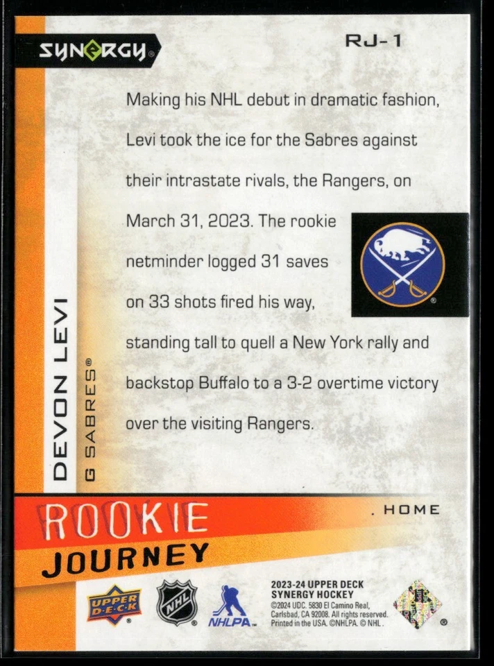 2023-24 Upper Deck Synergy Rookie Journey Home Red #RJ-1 Devon Levi RC 192/599 - Image 2 of 2