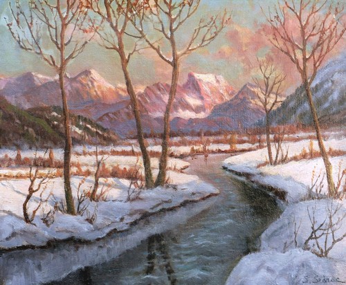 Serge sedrac Quadro Francese Paesaggio Svizzera Alpi engadine Neve Fiume Alberi - 第 1/8 張圖片