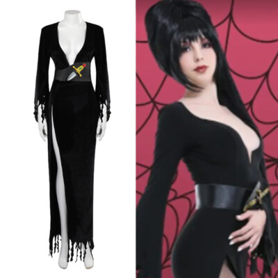 Mistress of the Dark- Elvira Cosplay Costume Outfits Halloween Party  Belt+Dress UK