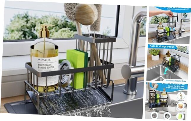 Sponge Holder for Kitchen Sink - Rustproof Sink Caddy with Brush Holder, Self-image
