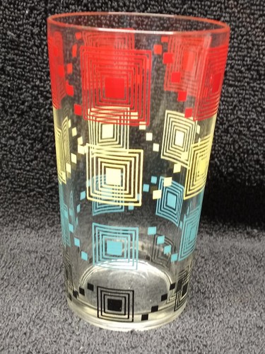 Vintage GLASS TUMBLER 10oz DRINKING GLASS RED YELLOW BLUE BLACK SQUARES
